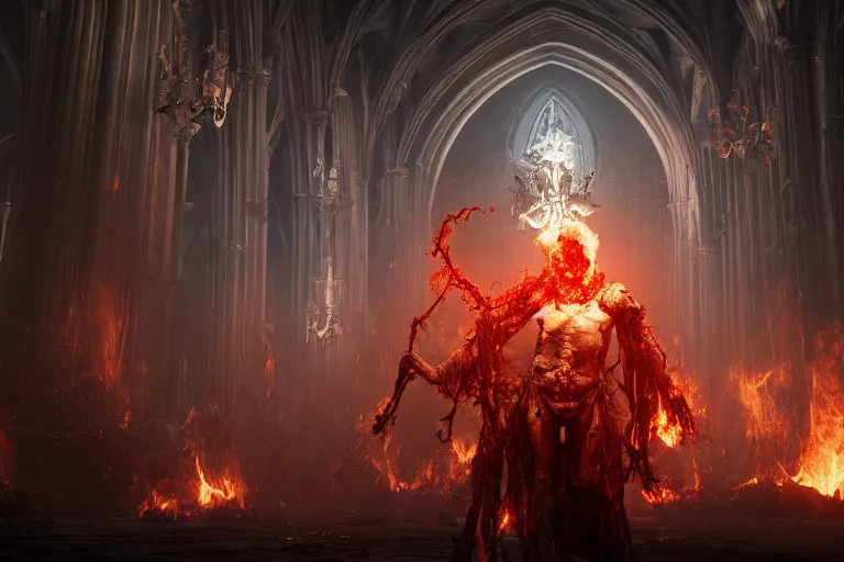 Prompt: a ghoul in a cathedral with flaming skulls rotating around him as a dark souls inspired boss, octane render, rtx, unreal engine 5, digital painting, trending on artstation, highly detailed, epic composition, 8 k uhd