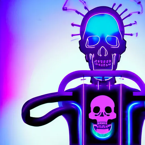 Image similar to cybernetic happy human scull with with , blue neon light and smoke and purple lighting