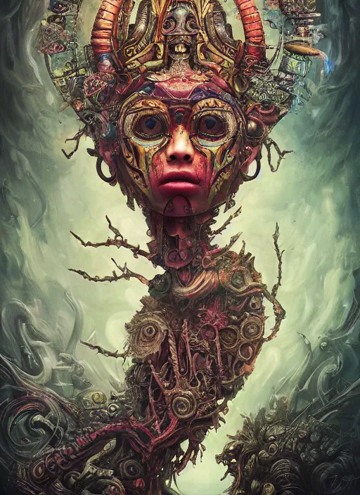 Image similar to alice in wonderland, aztec god, alien, highly detailed, cinematic, 8 k, by megan duncanson, benjamin lacombe, adrian borda, stanley artgermm, tom bagshaw, craig mullins, carne griffiths, ayami kojima, beksinski, giger, trending on deviantart, hyper detailed, horror, full of colour