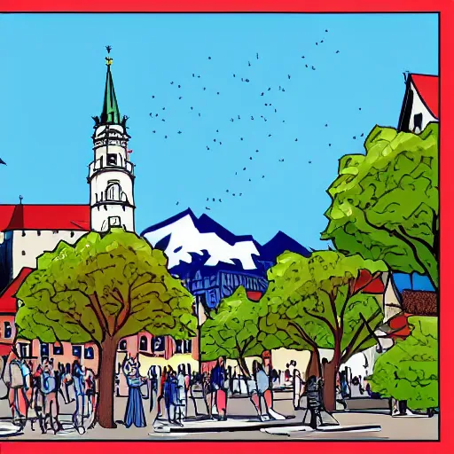 Image similar to munich against a background of mountains sunny hot weather comic style