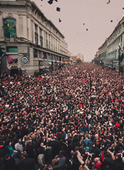 Prompt: crowd of tired citizens carrying a humongous bigmac over their heads, DSLR 35mm