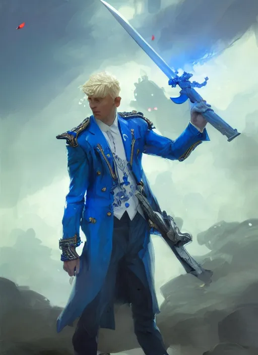 Image similar to blonde man in a blue suit with medals on it wielding a sword and pistol, fantasy, digital painting, d & d, character by artgerm and ruan jia, landscape by greg rutkowski, volumetric light, intricate, sharp, focus, bloom, illustration, highly detailed, concept art, masterpiece