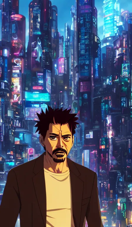 Prompt: anime fine details portrait of Tony Stark in front of cyberpunk moder city landscape on the background deep bokeh, close-up view, anime masterpiece by Studio Ghibli. 8k, sharp high quality anime, artstation