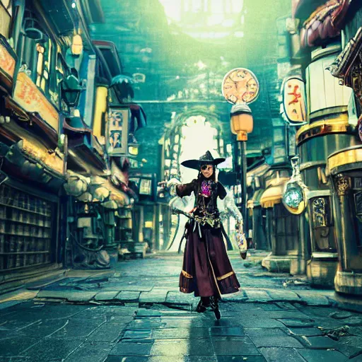 Image similar to steampunk witch making potions in the streets of japan, fairy tale, stunning, surrounding cinematic light, hyper detailed, ornate and intricate, 4 k cinematic octane render