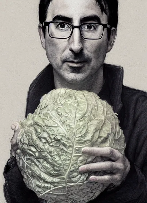 Prompt: a portrait of john oliver holding a cabbage, farm, stoic, fantasy, intricate, elegant, beautiful, highly detailed, charcoal, centered, dark, smokey, digital painting, artstation, concept art, smooth, sharp focus, illustration, art by artgerm and greg rutkowski and alphonse mucha