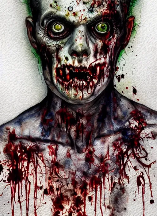 Image similar to zombie hollywood professional acting headshot, hyperrealism, intricate detailed, studio lighting, charming expression gesicht, hauntingly beautiful zombie, watercolor art, drawn and painted, colored layers, dulled contrast, exquisite fine art, splatterpaint