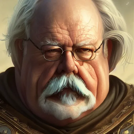 Image similar to Wilfred Brimley, closeup, D&D, fantasy, intricate, elegant, highly detailed, digital painting, artstation, concept art, matte, sharp focus, illustration, hearthstone, art by Artgerm and Greg Rutkowski and Alphonse Mucha
