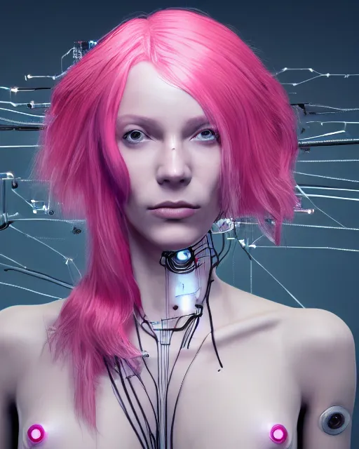 Prompt: portrait of a beautiful french woman with pink hair as a cyberpunk cyborg half robot, skin open to reveal wires and electronics, sci - fi, missing panels, intricate abstract upper body intricate artwork, concept art, octane render, deviantart, cinematic, key art, hyperrealism, iridescent accents, portrait photograph, nikon 3 5 mm, photograph by greg rutkowski