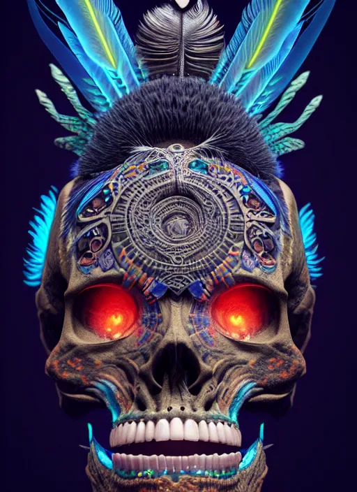 Image similar to 3 d shaman with tattoos profile portrait, sigma 5 0 0 mm f / 5. beautiful intricate highly detailed quetzalcoatl skull and feathers. bioluminescent, plasma, lava, ice, water, wind, creature, thunderstorm! artwork by tooth wu and wlop and beeple and greg rutkowski, 8 k trending on artstation,