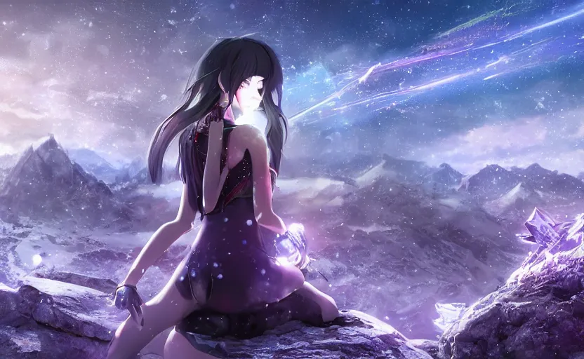 Image similar to beautiful Himalayan sci-fi princess with purple cat-eyes, silver and black hair split, glowing crystals on the ground, somber, scene of a blizzard on the mountain overlooking a futuristic village, 8k hdr pixiv dslr photo by Makoto Shinkai and Wojtek Fus, 3d realisitc anime, final fantasy 14 style