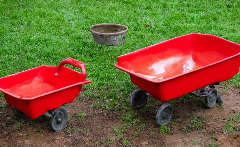 Prompt: a red wheel barrow glazed with rainwater besides the white chickens.