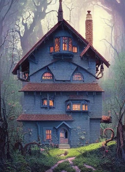 Image similar to hyper realistic homely ornate modern witch cottage far away in the woods gorgeous lighting, blue sky, highly detailed, lush forest by zdzisław beksinski and norman rockwell and greg rutkowskiweta studio, and lucasfilm