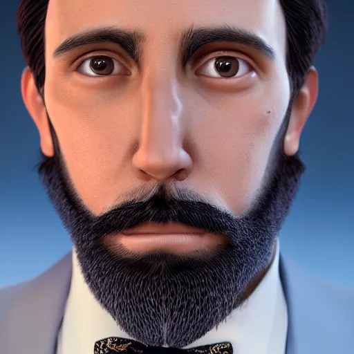 Image similar to a highly detailed portrait of a man, with a brown beard and hair, blue eyes, wearing a tuxedo, artstation, deviantart, professional, octane render