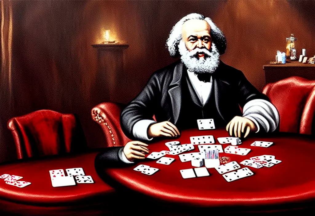 Prompt: Karl Marx playing poker in Las Vegas, ultra HD, studio light, photorealism