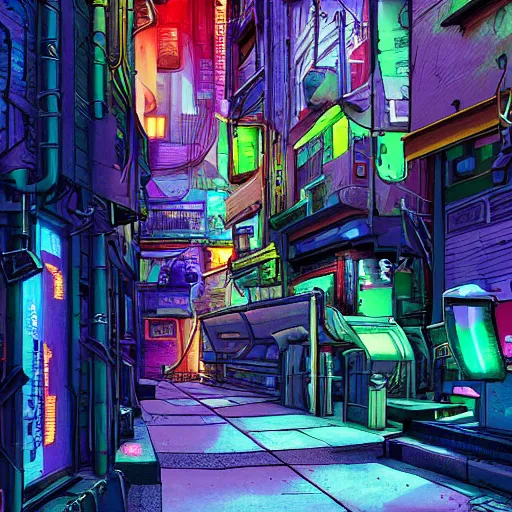 Prompt: a vibrant science fiction street view cyberpunk alley from'the very pulse of the machine'by polygon pictures, highly detailed, cel - shaded, digitally enhanced.