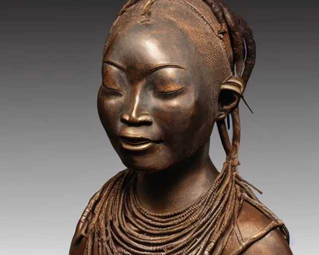 Image similar to detailed stylized realistic bronze sculpture depicting a himba woman