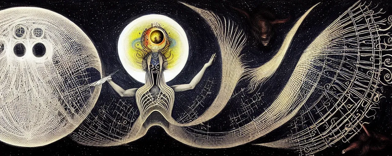 Image similar to a strange beautiful creature from bifrost radiates a unique canto'as above so below'to the moon, while being ignited by the spirit of haeckel and robert fludd, breakthrough is iminent, glory be to the magic within, in honor of saturn, painted by ronny khalil