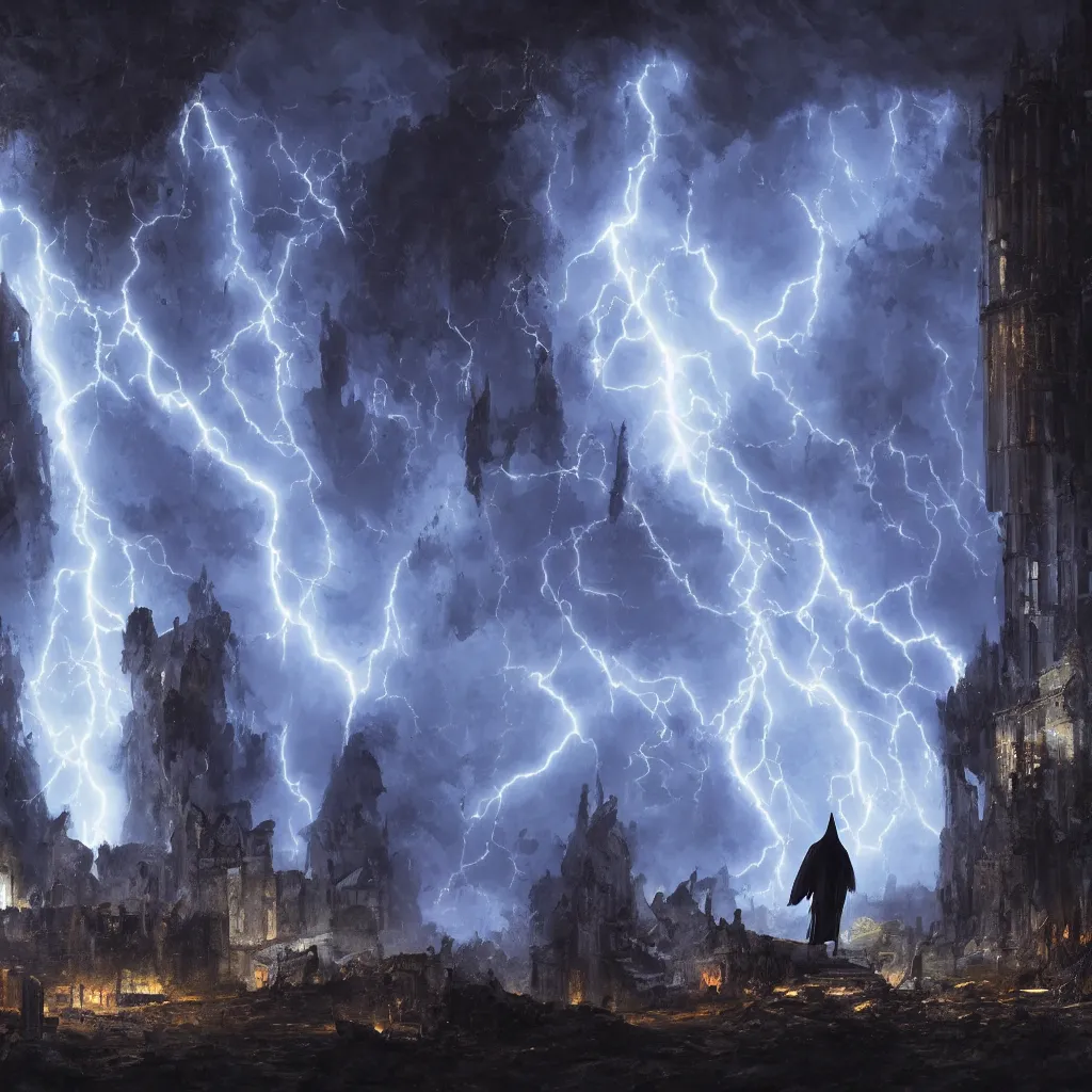 Image similar to a still of a cloaked figure standing in the ruins of crux prime, monastery, there is lightning, blue fiery maelstrom in the distance, it is raining, digital art, artstationhq