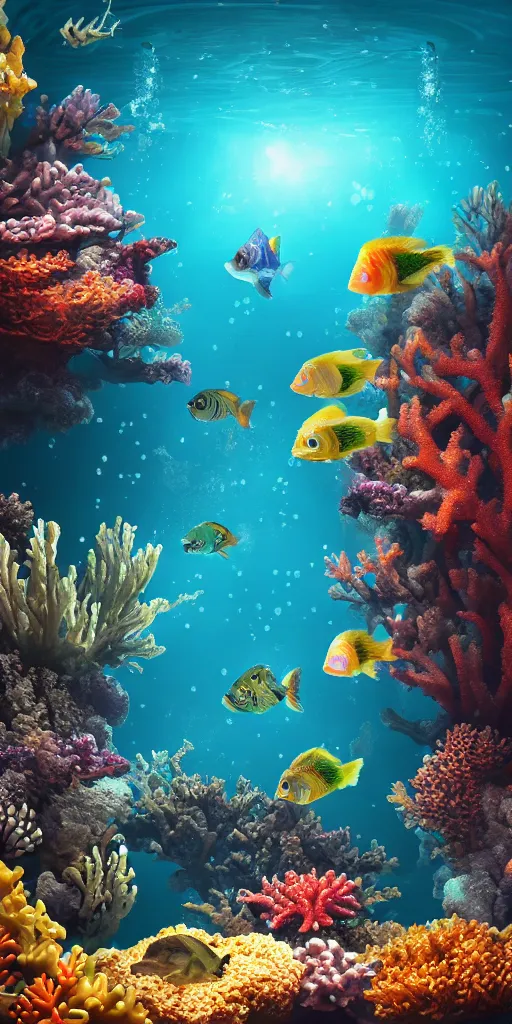 Prompt: A underwater world with a bubbles, fish and coral, digital art, trending on artstation, award winning, 8k, volumetric lighting