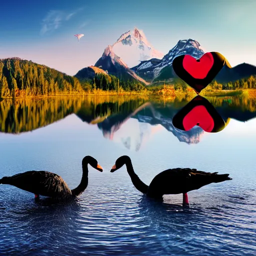 Image similar to photo of two black swans swimming in a beautiful reflective mountain lake, touching heads, forming a heart with their necks, a colorful hot air balloon is flying above the swans, hot air balloon, intricate, 8k highly professionally detailed, HDR, CGsociety