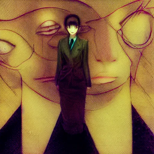 Image similar to yoshitaka amano blurred and dreamy realistic three quarter angle portrait of a young woman with short hair and black eyes wearing office suit with tie, junji ito abstract patterns in the background, satoshi kon anime, noisy film grain effect, highly detailed, renaissance oil painting, weird portrait angle, blurred lost edges