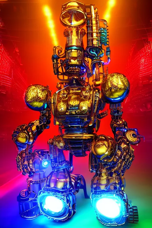 Image similar to portrait photo of a giant huge golden and blue metal futuristic steampunk robot with a red guitar covered with multicolored big gears and tubes, eyes are glowing red lightbulbs, shiny crisp finish, 3 d render, 8 k, insaneley detailed, fluorescent colors, background is multicolored lasershow