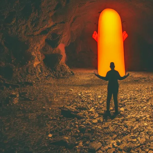 Image similar to photo of building and a giant orange glowing transparent humanoid of one thousand feet of height inside a cave