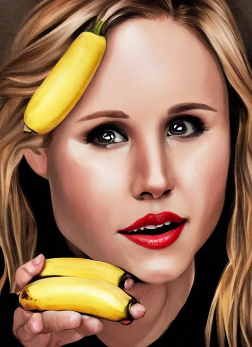 Image similar to portrait of kristen bell eating a banana, intricate, elegant, highly detailed, photorealistic, trending on artstation, digital art
