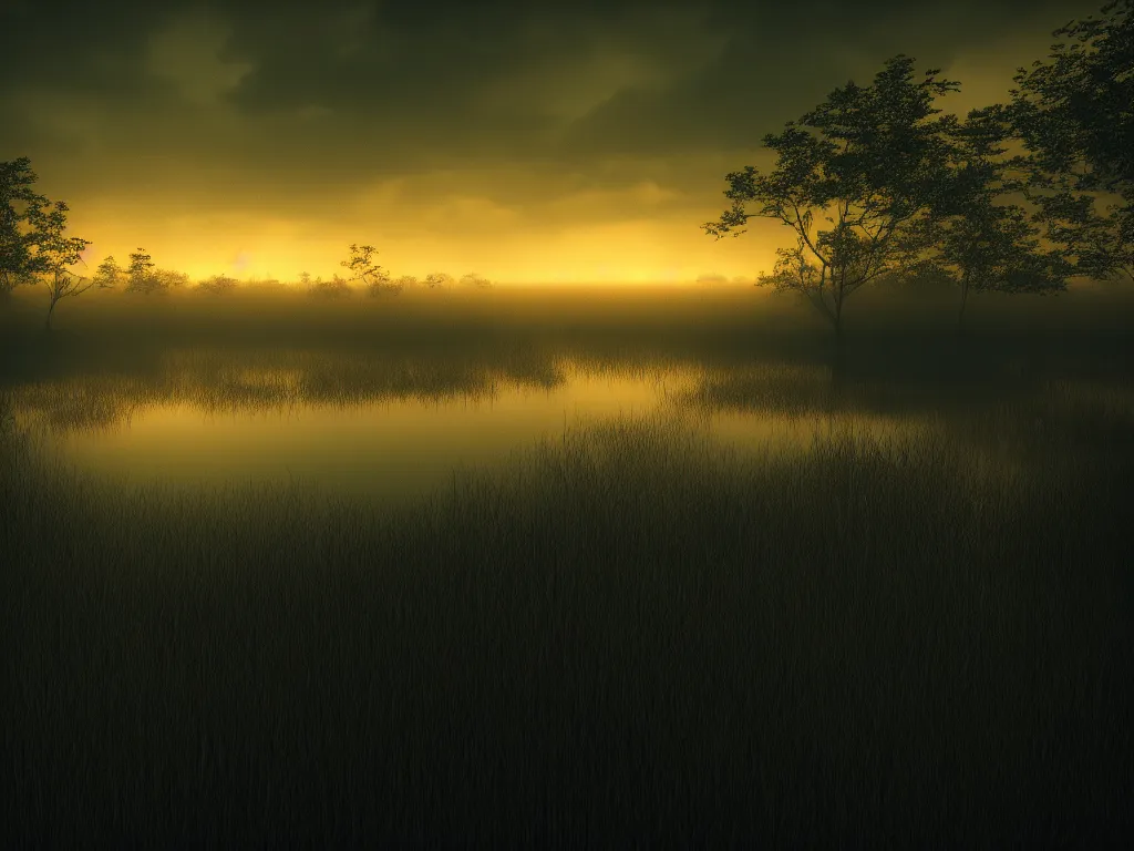 Image similar to photograph of a swamp at dusk, Photorealism, hyper-realism, haunting, abyssal, gloomy, dramatic lighting, cinematic atmosphere, octane render,