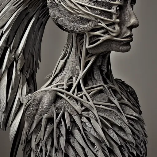 Image similar to inside of bird angel anatomy, highly detailed sculpture, anatomical, ommatidia, post - processing, intricate detailed, dom qwek, darren bartley, james jean