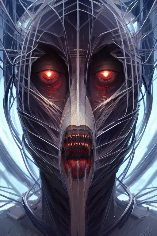 Image similar to professional concept art symmetrical portrait of a terrifying! mechanical predatory! fractal! species in a dark room by artgerm and greg rutkowski. an intricate, elegant, highly detailed digital painting, concept art, smooth, sharp focus, illustration, in the style of cam sykes.