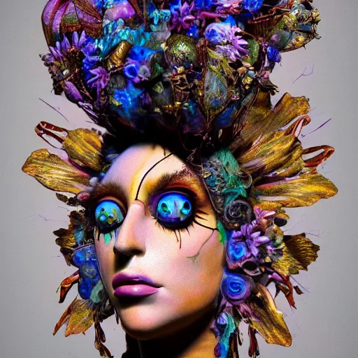 Image similar to Portrait of salvia trip faerie goddess Lady Gaga. Claymation. intricate abstract. intricate artwork. nightmare fuel. by Dave McKean. octane render, trending on artstation, greg rutkowski very coherent symmetrical artwork. cinematic, hyper realism, high detail, octane render, 8k, iridescent accents