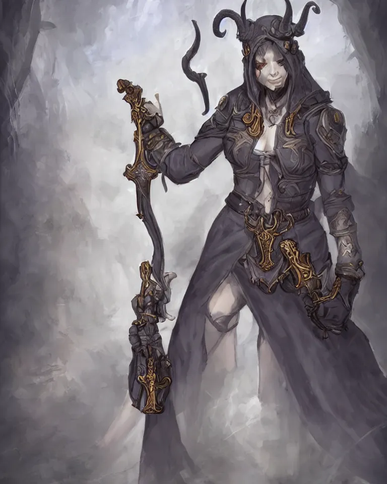 Image similar to female character concept art of tiefling cleric gunslinger holding fantasy gun wearing a nun veil with demon horns on top, full body, grey skin, fine detailed painting, demon tail, blue cleric priestess robe with golden embroidery, final fantasy character art style, game character design, dark fantasy