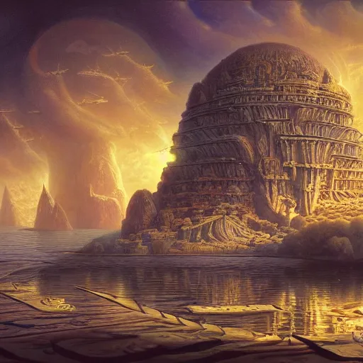 Prompt: A beautiful render of a floating society by hubert robert and daniel merriam and roger dean and jacek yerka, alex grey style, soft lighting, 4k hd wallpaper