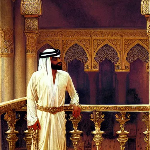 Image similar to attractive arab king confesses his love for his attractive male prince, in balcony of palace, above river. highly detailed painting by gaston bussiere, craig mullins, j. c. leyendecker