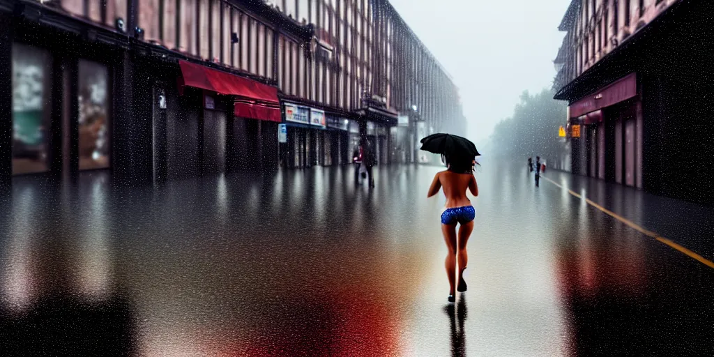 Image similar to hyperrealistic photo of a hot wet girl in the rain waling down the road, 8 k