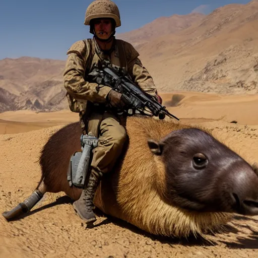 Image similar to cinematic shot of a u. s marine riding on the back of a giant capybara in afghanistan, 8 k, very detailed, very intricate,