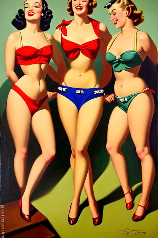 Image similar to 1940s group of pinup bikini girls in the office, oil painting, by Gil Elvgren