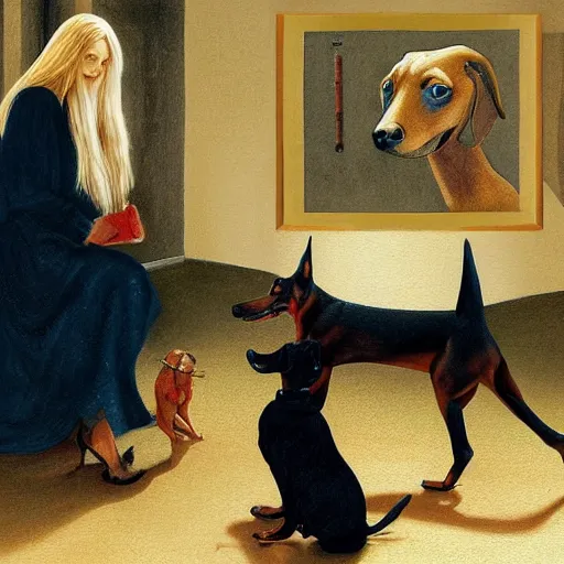 Prompt: Elle Fanning and a Doberman, extremely detailed masterpiece, illustration, by Michael Sowa,