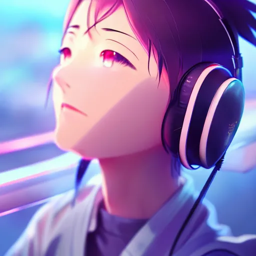 KREA - an anime music producer with headphones on, official art, key  visual, studio lightning, very detailed bd cover, Kimi no Na Wa,  hyperrealistic, artstation, caustics, trending on Artstation, 8K, octane  renderer