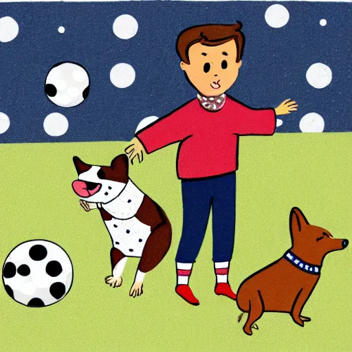 Image similar to illustration of french boy in paris playing football against a corgi, the dog is wearing a polka dot scarf