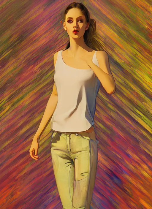 Image similar to model twiggy detailed clothing, half body shot, arms down, path traced, highly detailed, high quality, digital painting, alena aenami, lilia alvarado, shinji aramaki, karol bak, alphonse mucha, tom bagshaw