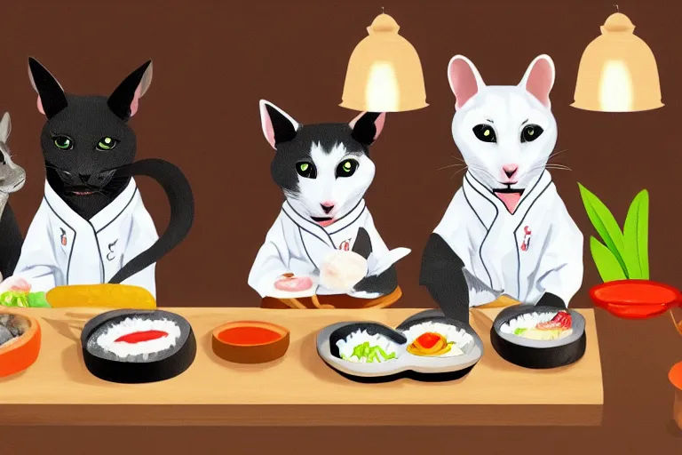 Prompt: a rat terrier dog sushi chef serving two gray cats at a sushi bar digital painting, trending on artstation, 4 k wallpaper