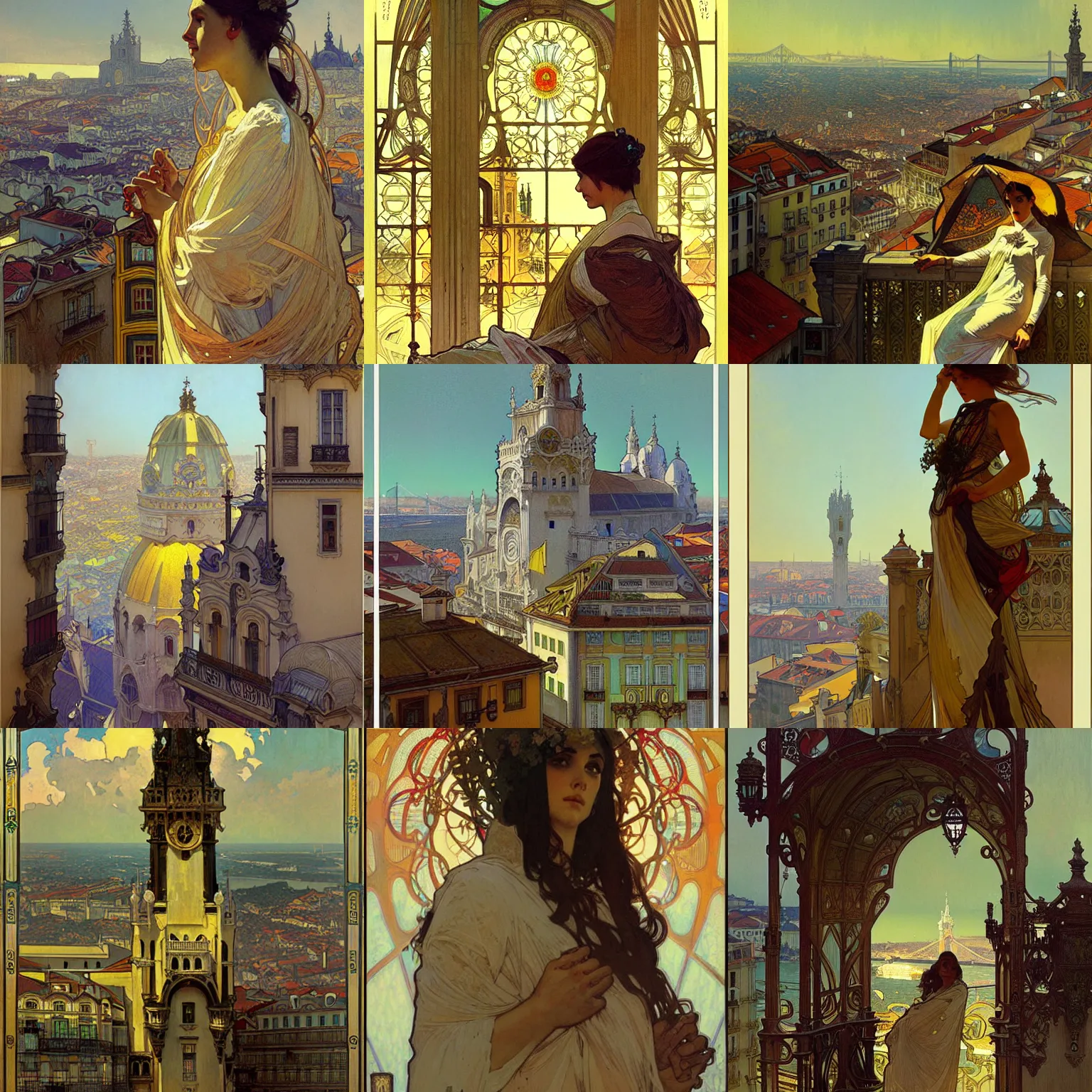 Prompt: The City of Lisbon, greg rutkowski, alphonse mucha