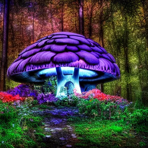 Prompt: mushroom house in an enchanted forest full of luminous flowers, the light from the flowers is great, hdr