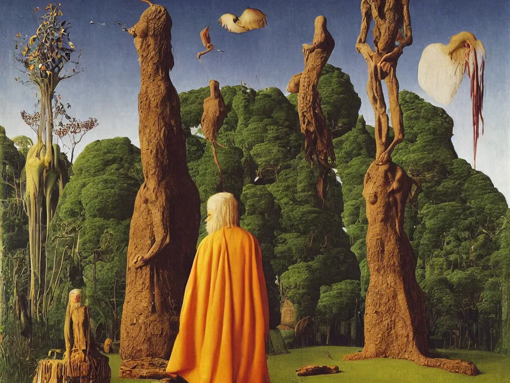 Image similar to albino mystic, with his back turned, looking at a giant totemic African statue, archaic, geometric, strange god, mound, rock. Painting by Jan van Eyck, Audubon, Rene Magritte, Agnes Pelton, Max Ernst, Walton Ford