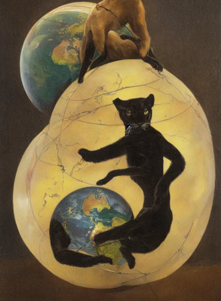 Image similar to a portrait of a humanoid black puma staring at a glowing globe in a necklace, painting by Randolph Stanley Hewton