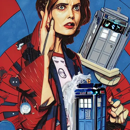 Prompt: a portrait of Doctor Who and the TARDIS, by MARVEL comics and Sandra Chevrier