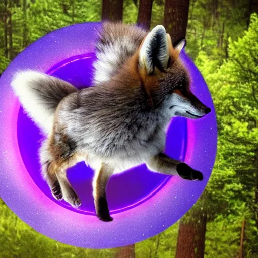 Image similar to a purple fox with a long fluffy and shiny coat sits in the forest on a ufo flying saucer. super realistic photo. clear details