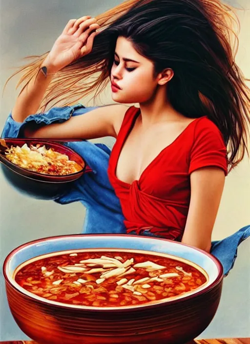 Prompt: ultrawide angle colour portrait masterpiece photography of selena gomez eating a bowl of chili shot by annie leibovitz michael cheval miho hirano moebius josh kirb